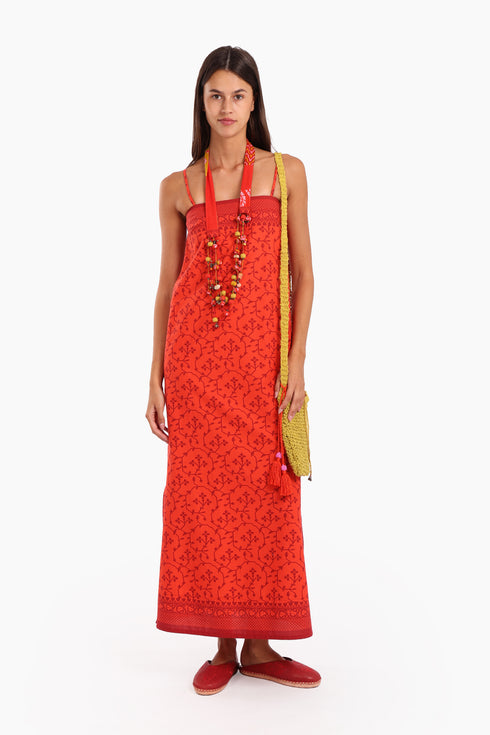 Long Sleeveless printed dress with thin adjustable straps and pockets